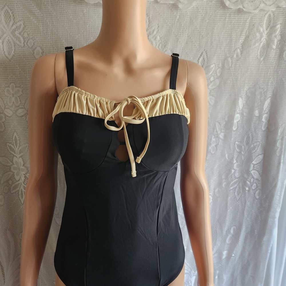 Women's Black One-Piece Swimsuit with Cream Trim